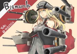  absurdres artist_name ayano_yuu_(sonma_1426) bad_id bad_pixiv_id bismarck_(kancolle) bismarck_kai_(kancolle) blonde_hair cannon character_name crossed_arms female green_eyes hat highres kantai_collection long_hair military military_hat military_uniform solo twitter_username uniform weapon 