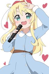  :3 :d aqua_eyes blonde_hair blush bow commentary_request female hairbow heart highres himesaka_noa long_hair looking_at_viewer microphone open_mouth ponytail riyo_(aokiwazumi) smile solo v watashi_ni_tenshi_ga_maiorita! white_background 