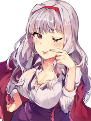  blunt_bangs blush breasts buttons cleavage collarbone collared_shirt commentary dress_shirt eyelashes female focused from_above grey_hair hairband hand_on_own_hip hand_up high-waist_skirt highres idolmaster idolmaster_(classic) large_breasts long_hair long_sleeves looking_at_viewer neck_ribbon one_eye_closed partially_unbuttoned pointing pointing_at_self purple_eyes purple_ribbon purple_shawl purple_skirt red_hairband ribbon shawl shijou_takane shirt simple_background skirt smile solo suspender_skirt suspenders tongue tongue_out tuxedo_de_cat undone_neck_ribbon upper_body wavy_hair white_background white_shirt 