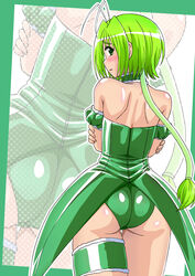  antenna_hair ass asu_(hengaya) back bare_shoulders blush border bridal_garter choker commentary_request cowboy_shot crossed_arms detached_sleeves embarrassed female from_behind fur_trim green_border green_choker green_eyes green_hair green_leotard hair_tubes highres leotard long_hair looking_at_viewer looking_back low_ponytail magical_girl mew_lettuce midorikawa_lettuce outline outside_border parted_lips partial_commentary polka_dot polka_dot_background ponytail profile puffy_detached_sleeves puffy_sleeves raised_eyebrows shiny_clothes shiny_skin solo standing tokyo_mew_mew white_background zoom_layer 