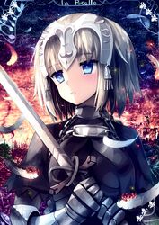  armor armored_dress blonde_hair blue_eyes breasts burning chains commentary_request fate/grand_order fate_(series) feathers female fire gauntlets hair_ornament headpiece holding holding_sword holding_weapon jeanne_d&#039;arc_(fate) jeanne_d&#039;arc_(ruler)_(fate) large_breasts looking_to_the_side short_hair sky solo star_(symbol) sword tearing_up teeth tranquillianusmajor translation_request upper_body weapon white_feathers 