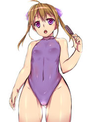  ahoge ass_visible_through_thighs bad_id bad_pixiv_id blonde_hair chiha_(abo_ecm_mk25) covered_navel female food hair_ribbon highres long_hair one-piece_swimsuit original popsicle purple_eyes purple_one-piece_swimsuit ribbon solo standing swimsuit twintails 