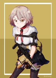  absurdres black_skirt black_thighhighs bob_cut closed_mouth commentary female furrowed_brow garter_straps girls&#039;_frontline gloves grey_hair gun hair_between_eyes highres holding leaning_forward light_frown red_neckwear serious shirt short_hair skirt solo submachine_gun thighhighs tofumang tsurime vector_(girls&#039;_frontline) wavy_hair weapon white_shirt yellow_background yellow_eyes 