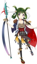  asymmetrical_sleeves black_thighhighs breasts cleavage female flat_chest floral_print full_body green_hair holding holding_polearm holding_weapon iwateyama_(oshiro_project) kamaboko_red mismatched_sleeves official_art oshiro_project:re polearm purple_eyes smile solo spear thighhighs transparent_background twintails weapon 