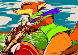  2016 anthro artrockt brown_ear_tips brown_tail_tip canid canine clothed clothing dipstick_ears dipstick_tail disney ear_markings eyewear fox gloves_(marking) male mammal markings motorcycle multicolored_ears multicolored_tail necktie nick_wilde outside red_fox side_view solo sunglasses tail tail_markings true_fox vehicle zootopia 