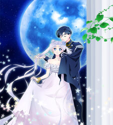  1boy bead_bracelet beads bishoujo_senshi_sailor_moon blue_eyes blue_hair bracelet cape chiba_mamoru closed_eyes commentary_request crescent crescent_facial_mark dress endymion_(sailor_moon) facial_mark female jewelry karasa_(tsukasa_yu) leaf long_hair moon pillar plant princess_serenity smile star_(symbol) strapless strapless_dress tsukino_usagi very_long_hair white_dress white_hair 