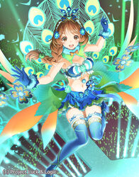  :d blue_gloves blue_legwear blue_skirt braid breasts brown_eyes brown_hair clover_hair_ornament commentary_request female flower four-leaf_clover_hair_ornament full_body gloves hair_flower hair_ornament hina_logi_-_from_luck_&amp;_logic looking_at_viewer luck_&amp;_logic medium_breasts nanahoshi_yukari navel official_art open_mouth peacock_feathers side_braid skirt smile solo yoshino_ryou 