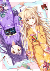  2girls :d absurdres ahoge animal_ear_fluff animal_ears bad_id bad_pixiv_id blonde_hair blush brown_eyes closed_mouth commentary_request cushion ema floral_print fox_ears hagoita hair_between_eyes highres holding_hands japanese_clothes kimono konohana_kitan long_hair lying multiple_girls obi oerba_yun_fang on_back open_mouth paddle pink_background print_kimono purple_hair purple_kimono sash satsuki_(konohana_kitan) smile stick_jitb two-tone_background very_long_hair white_background yellow_kimono yuzu_(konohana_kitan) zabuton 