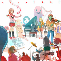  beamed_eighth_notes black_hair black_legwear blonde_hair blood brown_hair commentary_request conductor drum eighth_note flute getiao harp hat instrument kyukkyu-kun long_hair long_sleeves lowres madotsuki mafurako monoe monoko multiple_boys multiple_girls musical_note orchestra pedestal piano poniko quarter_note recorder red_footwear red_skirt scarf sekomumasada_sensei shoes short_hair skirt toriningen trombone trumpet uboa violin yume_nikki 