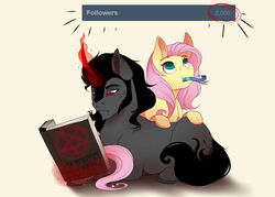  black_hair blue_eyes book bored congratulations dark_magic digital_media_(artwork) duo english_text equid equine evehly eyelashes female feral fluttershy_(mlp) friendship_is_magic fur grey_hair hair hasbro hi_res hooves horse inner_ear_fluff king_sombra_(mlp) lying magic male mammal my_little_pony pink_hair pony reading red_eyes runes runic_text simple_background text tuft yellow_body yellow_fur 