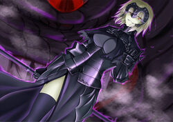  akashiro_sen armor armored_dress aura black_capelet blonde_hair breasts brown_eyes capelet chains commentary_request corruption evil_grin evil_smile fate/grand_order fate_(series) female gauntlets grin headpiece jeanne_d&#039;arc_alter_(avenger)_(fate) jeanne_d&#039;arc_alter_(fate) large_breasts long_hair pale_skin slit_pupils smile solo staff thighhighs 