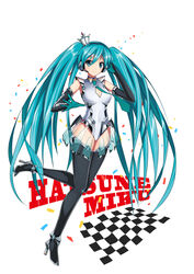  aqua_eyes aqua_hair breasts character_name cleavage cleavage_cutout clothing_cutout commentary elbow_gloves female full_body gloves goodsmile_company goodsmile_racing hatsune_miku headset high_heels leotard long_hair medium_breasts miku_fan_(335288848) necktie race_queen racing_miku racing_miku_(2013) solo thighhighs twintails very_long_hair vocaloid white_background 