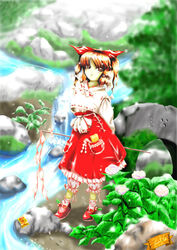  ankle_socks arms_behind_back blonde_shrine_maiden_from_a_future_era_(touhou) bloomers blush_stickers bow brown_hair check_source closed_mouth female flower frilled_skirt frills full_body gohei hairbow hydrangea japanese_clothes looking_at_viewer mary_janes nontraditional_miko ofuda original outdoors petticoat portrait_of_exotic_girls red_footwear red_skirt ribbon shirt shoes short_hair skirt socks solo source_request standing stream two_side_up underwear white_bloomers white_shirt white_socks zun_(artist) 