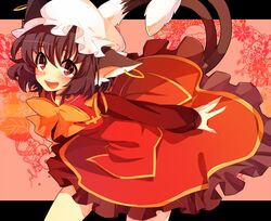  akibotann animal_ears bad_id bad_pixiv_id brown_hair cat_ears cat_tail chen earrings female hat jewelry multiple_tails red_eyes short_hair smile solo tail touhou 