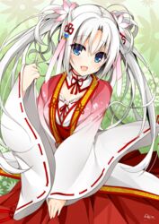  bad_id bad_pixiv_id blue_eyes blush female hair_ornament highres japanese_clothes long_hair looking_at_viewer miko minari_(minari37) open_mouth ribbon-trimmed_sleeves ribbon_trim senren_banka smile solo tomotake_yoshino twintails white_hair 