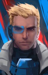  1boy aged_down blonde_hair blue_background brown_eyes commentary dopey_(dopq) english_commentary head-mounted_display headset highres jacket looking_at_viewer male_focus mature_male official_alternate_costume overwatch overwatch_1 portrait realistic red_background scouter serious soldier:_76_(overwatch) solo strike_commander_morrison 