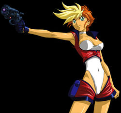  1990s_(style) absurdres arms_behind_back black_gloves blonde_hair breasts choker cleavage dark-skinned_female dark_skin dirty_pair dirty_pair_flash dyed_bangs earrings female gloves green_eyes groin gun highleg highleg_leotard highres holster horiuchi_osamu jewelry kei_(dirty_pair_flash) large_breasts leotard multicolored_hair red_hair retro_artstyle short_hair sleeveless solo two-tone_hair vector_trace weapon white_leotard 