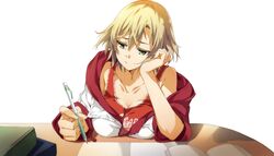  blonde_hair closed_mouth collarbone female female game_cg highres manase_akira note short_hair solo soushuu_senshinkan_gakuen_hachimyoujin sousyu_sensinkan-gakuen_hachimyoujin white_background yellow_eyes 