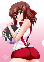  artist_name ass ball brown_eyes brown_hair character_print closed_mouth commentary_request cowboy_shot dated female from_behind fujimaru_arikui girls_und_panzer headband holding isobe_noriko kondou_taeko looking_to_the_side one-hour_drawing_challenge red_headband red_shirt red_shorts shirt short_hair short_shorts shorts sleeveless sleeveless_shirt smile solo sportswear standing volleyball_uniform 