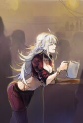  arched_back blue_eyes bracelet breasts cleavage commentary crop_top cropped_jacket crowd cup female from_side grey_hair hand_up highres hip_focus holding holding_cup imoko_(imonatsuki) jacket jewelry judith_(unlight) long_hair medium_breasts midriff mug navel open_clothes open_jacket pants parted_lips sleeves_rolled_up smile solo unlight 