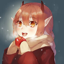  :d apple blush braid breath brown_scarf coat commentary dark_background demon_girl demon_horns female food fruit hair_between_eyes holding holding_food holding_fruit horns iiiroha long_hair looking_away looking_up mittens open_mouth orange_eyes orange_hair original pointy_ears red_coat scarf single_braid smile solo teeth two-handed 