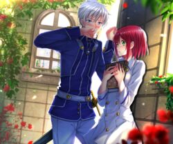  1boy akagami_no_shirayukihime blue_eyes blush commentary_request female green_eyes kabedon red_hair shirayuki_(akagami_no_shirayukihime) short_hair swordsouls zen_wistalia 