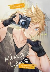  1boy blue_eyes camera commentary_request facial_hair final_fantasy final_fantasy_xv fingerless_gloves ginmu gloves goatee jacket jacket_over_shoulder looking_at_viewer male_focus one_eye_closed prompto_argentum sleeveless smile solo spiked_hair straw_(stalk) unworn_jacket upper_body 