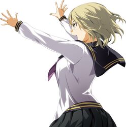  absurdres blonde_hair female female game_cg highres long_sleeves manase_akira open_mouth school_uniform serafuku short_hair solo soushuu_senshinkan_gakuen_hachimyoujin sousyu_sensinkan-gakuen_hachimyoujin white_background yellow_eyes 