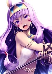  animal_ears bare_arms breasts commentary_request dark-skinned_female dark_skin earrings facial_mark fate/grand_order fate_(series) female hairband highres holding hoop_earrings jackal_ears jewelry large_breasts long_hair looking_at_viewer navel nitocris_(fate) open_mouth purple_eyes purple_hair sidelocks simple_background solo teeth tranquillianusmajor upper_body upper_teeth_only very_long_hair white_background 