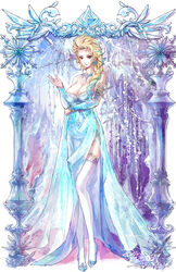  bare_shoulders blonde_hair blue_dress braid breasts brown_eyes chinese_commentary cleavage commentary_request copyright_name dated detached_sleeves dress elsa_(frozen) female frozen_(disney) garter_straps hair_over_shoulder highres ice jewelry lace lace-trimmed_legwear lace_trim large_breasts legs loiza long_hair long_legs necklace photoshop_(medium) rococo_movement signature single_braid smile solo thighhighs white_thighhighs 