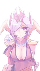  aqua_nails blush breast_hold breasts closed_mouth detached_sleeves elise_(league_of_legends) female female hair_ornament league_of_legends long_nails looking_at_viewer nail_polish pink_eyes ribbon short_hair sideboob simple_background smile solo white_hair zhainan_s-jun 