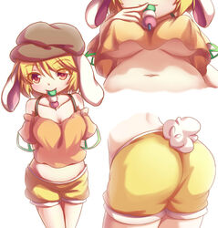  :3 absurdres animal_ears arms_behind_back ass bad_id bad_pixiv_id belly blonde_hair breasts brown_hat chinese_commentary cleavage closed_mouth collarbone commentary_request crop_top crop_top_overhang cropped_torso dango dior-zi eyebrows female flat_cap floppy_ears food food_in_mouth hair_between_eyes hat highres looking_at_viewer medium_breasts midriff mouth_hold multiple_views navel no_bra off-shoulder_shirt off_shoulder orange_shirt plump rabbit_ears rabbit_tail red_eyes ringo_(touhou) sanshoku_dango shirt short_hair short_shorts short_sleeves shorts simple_background smile stomach tail touhou underboob upshirt wagashi white_background yellow_shorts 