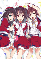  3girls brown_eyes brown_hair commentary_request dekitate_evo!_revo!_generation!_(idolmaster) girl_sandwich green_eyes hat holding_hands honda_mio idolmaster idolmaster_cinderella_girls interlocked_fingers long_hair looking_at_viewer miya_ur multiple_girls new_generations_(idolmaster) one_side_up open_mouth peaked_cap photoshop_(medium) sandwiched shibuya_rin shimamura_uzuki short_hair smile star_(symbol) wrist_cuffs 