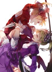  2girls :d backlighting blonde_hair bloomers blurry breasts brown_eyes commentary dagger depth_of_field donita dress frills from_side green_eyes green_hair headdress holding holding_weapon imoko_(imonatsuki) juliet_sleeves knife long_sleeves looking_at_another multiple_girls open_mouth puffy_sleeves purple_dress red_dress scythe sheri small_breasts smile teeth twintails underwear unlight v-shaped_eyebrows weapon 