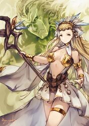  1boy blonde_hair breasts cleavage clenched_teeth commentary_request dress female genyaky granblue_fantasy long_hair looking_at_viewer medium_breasts navel petra_(granblue_fantasy) smile staff teeth 