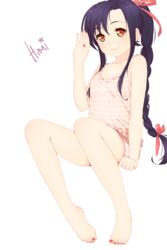  bad_id bad_pixiv_id barefoot black_hair blush braid feet female hair_ribbon highres long_hair looking_at_viewer nail_polish original red_eyes ribbon ribbon-trimmed_clothes ribbon_trim simple_background single_braid sitting smile solo toenail_polish toenails weyowang white_background 