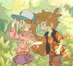  1boy annoyed bad_id bad_pixiv_id bags_under_eyes baseball_cap blush book borrowed_clothes braces brother_and_sister brown_hair brown_shorts dipper_pines exhausted female flower forest gravity_falls hairband half-closed_eyes happy hat holding holding_hands long_hair mabel_pines nature open_mouth outdoors pink_sweater profile purple_skirt red_shirt sanako_(sanagineko46) shirt shooting_star shorts siblings skirt sleeveless sleeveless_jacket smile star_(symbol) star_print sweatdrop sweater t-shirt tree tree_print tree_shade turtleneck twins walking 