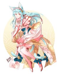  absurdres animal_ears bell blue_bow blue_hair bow cat_ears cat_tail closed_mouth commentary_request cosplay dated dc9spot elbow_gloves female fingerless_gloves fire_emblem fire_emblem:_the_blazing_blade fire_emblem_fates fire_emblem_heroes fur_trim gloves hairband highres long_hair ninian_(fire_emblem) red_eyes sakura_(fire_emblem) sakura_(fire_emblem)_(cosplay) sakura_(halloween)_(fire_emblem) signature skirt sleeveless solo tail thai_commentary thighhighs toeless_footwear voice_actor_connection zettai_ryouiki 