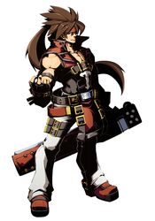  1boy belt brown_hair commentary_request fingerless_gloves gloves guilty_gear guilty_gear_xrd headband junkyard_dog_mk_iii long_hair male_focus muscular piko_(osso) ponytail red_eyes smile sol_badguy solo sword weapon 