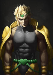  1boy artist_name birthmark blonde_hair collar commentary_request cowboy_shot dio_brando ear_birthmark earrings fangs headband highres jacket jacket_on_shoulders jewelry jojo_no_kimyou_na_bouken kubrick_stare light_particles male_focus photoshop_(medium) poppyminty signature slit_pupils solo stardust_crusaders veins wrist_cuffs yellow_eyes 