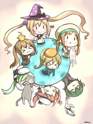  &gt;_&lt; 6+girls :&gt; :&lt; :3 =_= animal animal_on_head batsubyou bird bird_on_head brown_hair chibi closed_eyes commentary error_musume fairy_(kancolle) girl_behind_a_cat_(kancolle) girl_holding_a_cat_(kancolle) green_hair hat helmet_musume_(kancolle) highres hiyoko_(kancolle) kantai_collection kneeling_girl_(kancolle) majokko_(kancolle) midori_(kancolle) multiple_girls on_head ponytail rashinban_musume ryuki_(ryukisukune) sailor_hat school_uniform serafuku shoshinsha_mark twintails witch_hat 