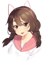  :3 :d absurdres animal_ears blush braid brown_eyes brown_hair cat_ears collarbone commentary cropped_torso fake_animal_ears female hairband head_tilt highres iiiroha long_hair looking_at_viewer oerba_yun_fang open_mouth original pink_hairband pink_sailor_collar sailor_collar shirt simple_background smile solo thick_eyebrows twin_braids upper_body white_background white_shirt 