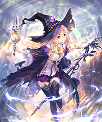  black_hat black_thighhighs blonde_hair bow_(weapon) commentary_request dorothy_(shingeki_no_bahamut) female floating_hair hair_between_eyes hat highres hisakata_souji holding holding_bow_(weapon) holding_weapon jewelry long_hair looking_at_viewer miniskirt necklace pleated_skirt purple_skirt red_eyes shingeki_no_bahamut shirt skirt smile solo thighhighs very_long_hair weapon white_shirt witch_hat zettai_ryouiki 