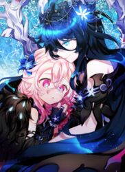  2girls bare_shoulders black_dress black_gloves blue_eyes blue_flower blue_hair commentary daydreamer_(elsword) dress elbow_gloves elsword fingerless_gloves flower fur_trim gloves glowing hair_between_eyes hair_flower hair_ornament laby_(elsword) long_hair multiple_girls nisha_(elsword) nisha_labyrinth_(elsword) paraffin parted_lips pink_eyes pink_hair tears 