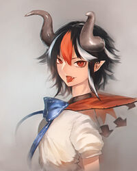  alternate_horns black_hair bow chromatic_aberration commentary_request demon_horns earrings female grey_horns highres horns jewelry kijin_seija kinketsu looking_at_viewer multicolored_hair oerba_yun_fang painting_(medium) pointy_ears puffy_short_sleeves puffy_sleeves red_eyes short_hair short_sleeves solo streaked_hair tongue tongue_out touhou traditional_media upper_body watercolor_(medium) 