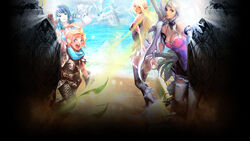  4girls aion aqua_eyes armor arms_behind_back ass bird black_eyes blonde_hair blue_eyes blush breasts choker cleavage cleavage_cutout clothing_cutout contrast dove dragon dwarf_(lineage_2) earrings elf elf_(lineage_2) elyos fantasy from_behind gauntlets gloves grass grey_eyes grey_hair highres human_(lineage_2) jewelry juno_jeong large_breasts leaning_forward lineage lineage_2 lips long_hair multiple_girls ocean open_mouth orange_hair panties player_character_(lineage_2) pleated_skirt pointy_ears purple_hair scarf short_hair short_sleeves single_wing skirt thighhighs underwear waving wings 