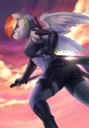  2018 absurd_res anthro anthrofied ass audrarius bottomwear breasts butt_pose clothing equid equine feathered_wings feathers female friendship_is_magic hair hasbro hi_res holding_melee_weapon holding_object holding_sword holding_weapon mammal melee_weapon multicolored_hair my_little_pony mythological_creature mythological_equine mythology outside pegasus pose rainbow_dash_(mlp) rainbow_hair shorts solo spandex spandex_shorts sword tight_bottomwear tight_clothing tight_shorts weapon wings 