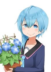  :d ahoge b-man blue_eyes blue_hair carrying commentary_request female flower flower_pot kantai_collection looking_at_viewer minazuki_(kancolle) open_mouth school_uniform serafuku short_hair_with_long_locks simple_background smile solo upper_body white_background 