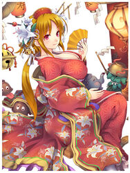  asa_no_ha_(pattern) bell blonde_hair blush bowl breasts closed_mouth comb commentary_request female floral_print flower folding_fan from_side gohei hair_ornament hair_stick hand_fan hat hisho_collection japanese_clothes jingle_bell kettle kimono lantern large_breasts lily_(flower) long_hair long_sleeves looking_at_viewer looking_to_the_side nail_polish official_art ofuda paper_lantern pink_nails red_eyes red_kimono rope sayagata shimenawa sitting smile solo toshi tsukumogami wide_sleeves 