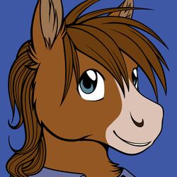  1:1 anthro blue_eyes brown_body brown_fur brown_hair clothed clothing conditional_dnp digital_media_(artwork) equid equine flat_colors fur hair horse male mammal peekaboo ratte smile solo 